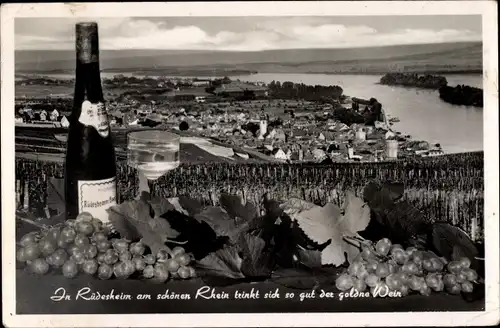 Ak Rüdesheim am Rhein, Blick aus der Ferne auf den Ort, Wein