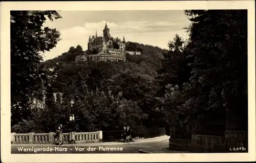 Ak Wernigerode am Harz, Vor der Flutrenne, Schloss