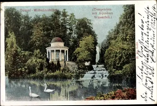 Ak Bad Wilhelmshöhe Kassel in Hessen, Tempelchen mit Aquaduct Wasserfall
