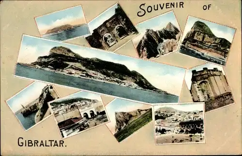 Ak Gibraltar, Kollage mit Stadtansichten, Felsen, Stadtmauer, Kirche, Festung, Ort