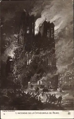 Ak Reims Marne, L'incendie de la Cathedrale de Reims, Feuer, Nacht, Soldaten, Flamen