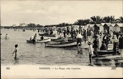 Ak Bizerte Tunesien, La Plage, cote Controle, Strand. Boote, Badegäste, Strandhäuser