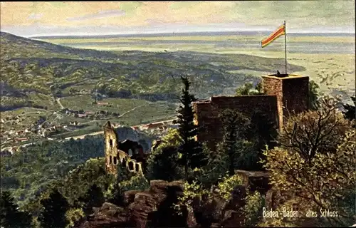 Ak Baden Baden, Blick auf das alte Schloss, Fahne, Stadtansicht, Tal