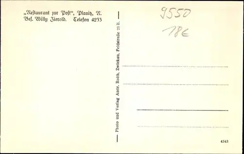 Ak Planitz Zwickau in Sachsen, Restaurant zur Post, Innenansicht