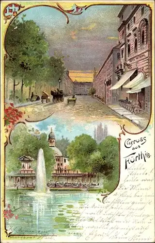 Litho Fürth in Mittelfranken Bayern, Straßenpartie, Gasthaus, Wasserfontaine