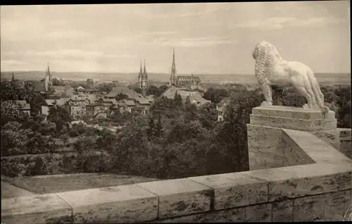 Ak Mühlhausen in Thüringen, Blick auf den Ort, Löwenstatue