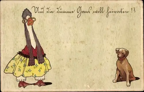 Präge Litho Vermenschlichte Gans und Hund, Und die dumme Gans soll ich heiraten