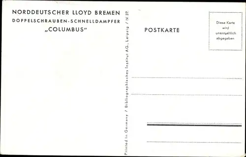Ak Doppelschrauben-Schnelldampfer Columbus, Norddeutscher Lloyd, NDL