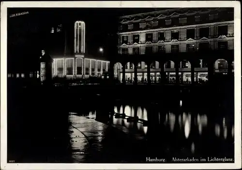 Ak Hamburg Mitte Altstadt, Alsterarkaden im Lichterglanz, Nachtansicht