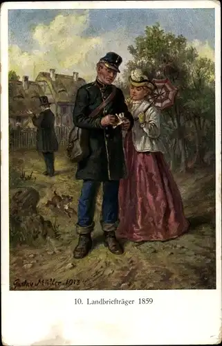 Künstler Ak Müller, Gustav, Landbriefträger um 1859, Frau mit Schirm, Sächsische Post