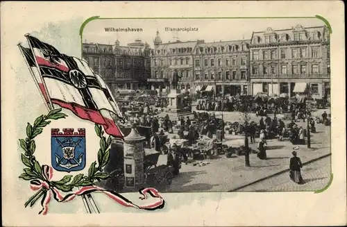 Passepartout Ak Wilhelmshaven, Bismarckplatz, Markt, Litfaßsäule, Fahne, Wappen