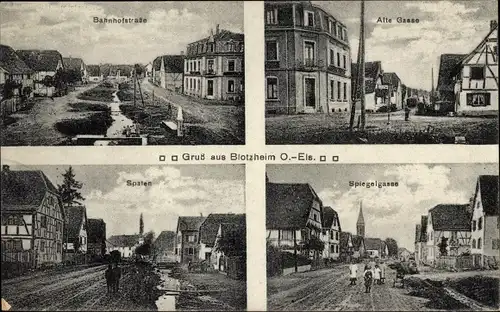 Ak Blotzheim Elsass Haut Rhin, Bahnhofstraße, Alte Gasse, Spalen, Spiegelgasse