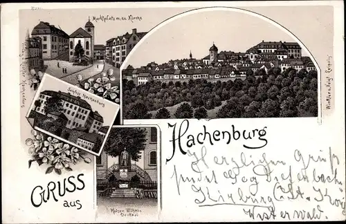 Litho Hachenburg im Westerwaldkreis Rheinland Pfalz, Schloss Hachenburg, Kirche