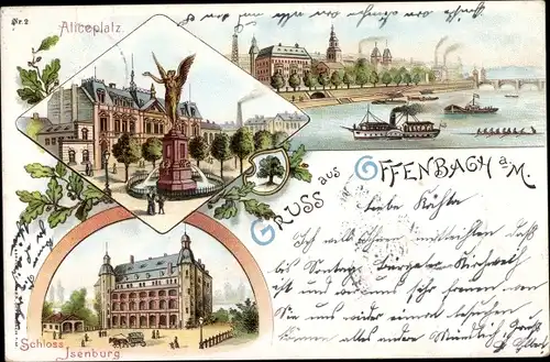 Litho Offenbach am Main Hessen, Aliceplatz, Schloss Isenburgm, Flusspartie