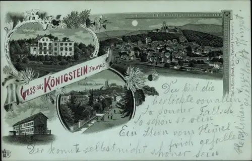 Mondschein Litho Königstein im Taunus, Kuranstalt, Frankfurter Straße, Feldberghaus, Totalansicht