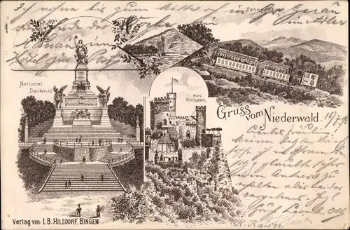 Litho Rüdesheim am Rhein, Niederwald Nationaldenkmal, Burg Rheinstein