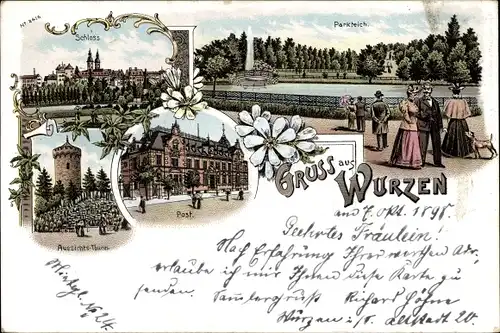Litho Wurzen in Sachsen, Parkteich, Schloss, Post, Aussichtsturm