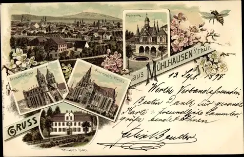 Litho Mühlhausen in Thüringen, Kirche, Weisses Haus, Panorama, Popperode