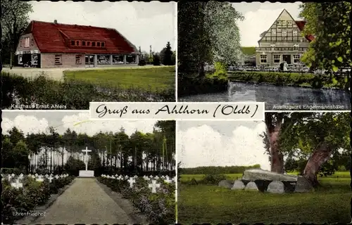 Ak Ahlhorn Großenkneten in Oldenburg, Engelmannsbäke, Kaufhaus, Ehrenfriedhof