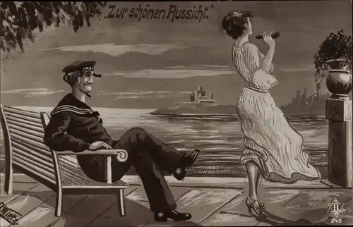 Künstler Ak Wietz, O., Zur schönen Aussicht, Seemann beobachtet junge Frau