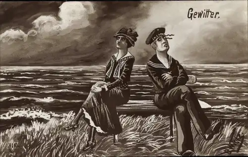 Künstler Ak Wietz, O., Gewitter, Seemann und Frau auf einer Bank am Meer
