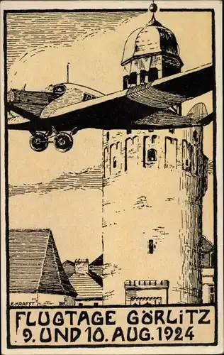 Künstler Ak Krafft, E., Görlitz in der Lausitz, Flugtage 9-10. August 1924, Flugzeug