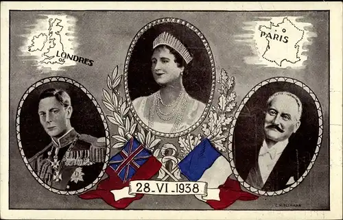 Ak King George VI., Queen Elizabeth Bowes Lyon, Président Albert Lebrun, 28.6.1938, London, Paris