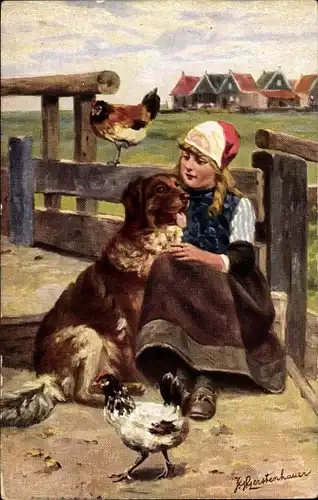Künstler Ak Gerstenhauer, J. G., Mädchen in niederländischer Tracht, Hund, Hühner