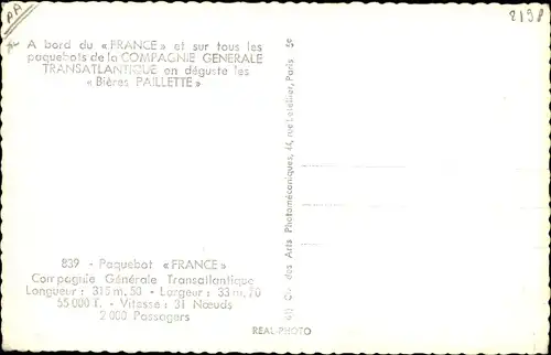 Ak Paquebot France, Compagnie Générale Transatlantique CGT, Longuer 315 metres
