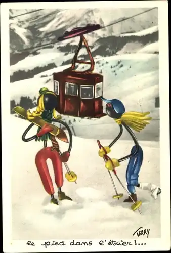 Künstler Ak Terry, Frau mit Snowboard, Skifahrer mit gebrochenem Fuß, Seilbahn