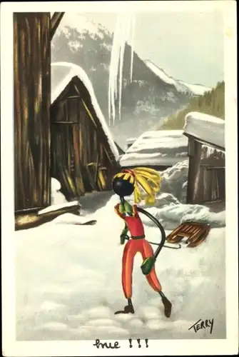 Künstler Ak Terry, Frau mit Schlitten, Ortschaft im Winter