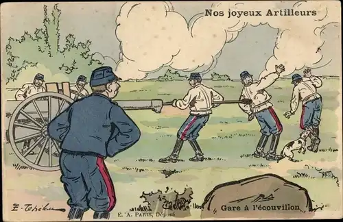 Künstler Ak Französische Soldaten, Soldatenleben, Geschütz, Nos joyeux Artilleurs