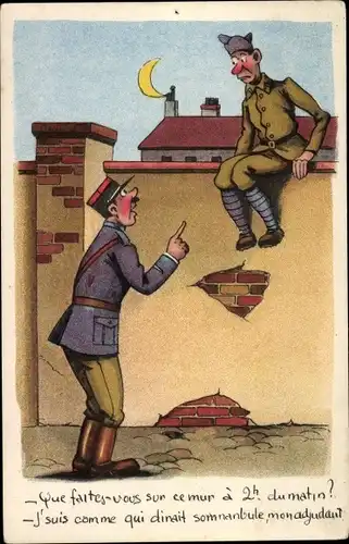 Ak Französischer Polizist, Mann auf Mauer sitzend, Mondschein, Que faites vous sur ce mur...