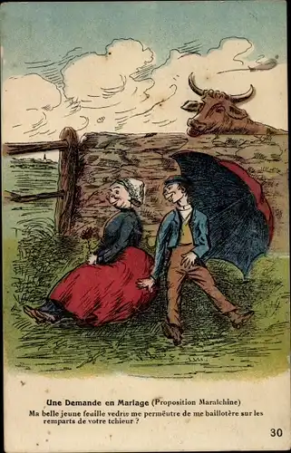 Ak Liebespaar, Bauern, Mann mit Regenschirm, Kuh, Une Demande en Mariage