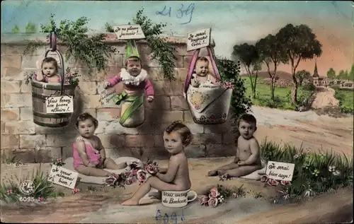 Ak Kinder in den Eimern, Nachttöpfe, Blumen, Toilettenhumor