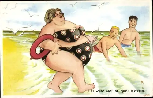 Ak Übergewichtige Frau geht ins Wasser, J'ai avec moi de quoi flotter