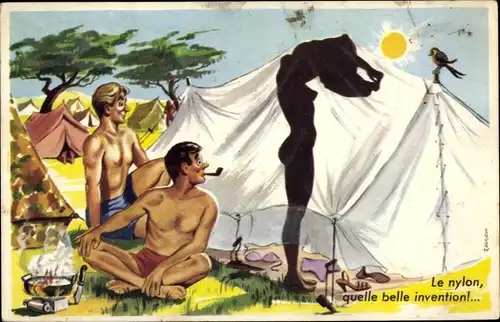 Ak Frau im Zelt beim Ausziehen, Neugierige Männer, Zeltplatz, Pfeife, Lagerfeuer