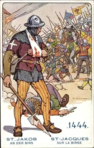 Künstler Ak Elzingre, Edouard, St. Jakob an der Birs Basel Schweiz, Schlacht, 1444, Schweizer Soldat