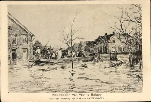 Künstler Ak J. H. van Mastenbroek, Het redden van vee te Balgoy, Watersnood 1926