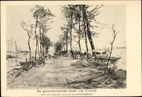 Künstler Ak J. H. van Mastenbroek, De geimproveseerde haven van Alverna, Watersnood 1926