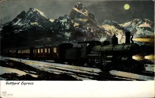 Mondschein Ak Gotthard Express, Dampflok, Eisenbahn in Fahrt, Alpenkamm bei Nacht
