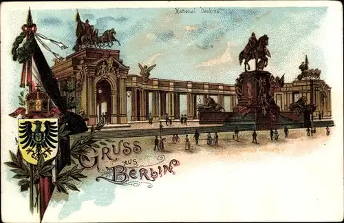 Litho Ak Berlin Mitte, National Denkmal, Kaiser Wilhelm auf einem Pferd, Arkaden, Stadtwappen