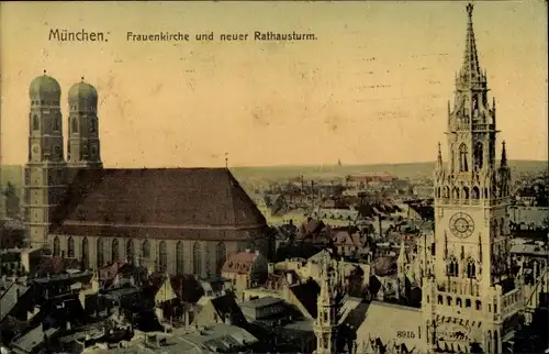 Ak München Bayern, Frauenkirche und neuer Rathausturm