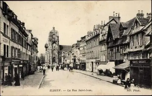 Ak Elbeuf Seine Maritime, La Rue Saint-Jean, Kirche, Straße, Cafe Debit