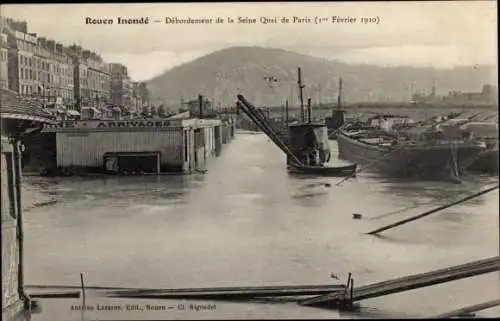 Ak Rouen Seine Maritime, Debordement de la Seine Quai de Paris, Inonde, Hochwasser 1910, Hafen