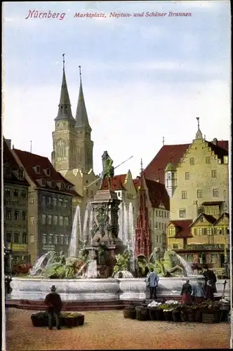 Ak Nürnberg in Mittelfranken, Marktplatz, Neptun- und Schöner Brunnen