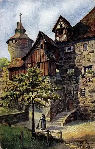 Künstler Ak Sollmann, Nürnberg, Burgeingang, Straßenfegerin, Turm