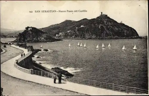 Ak Donostia San Sebastian Baskenland, Nuevo Paseo del Castillo, Schloss, Insel, Berg, Promenade