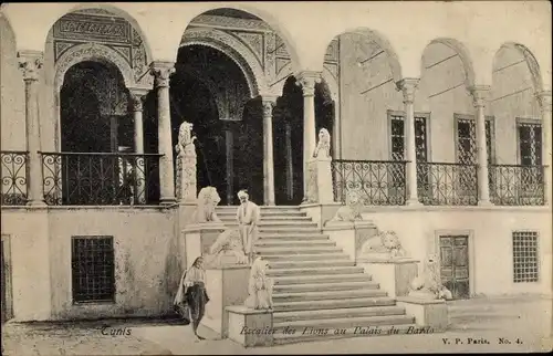 Ak Tunis Tunesien, Escalier des Lions du Palais du Banlo, Palast, Löwentreppe