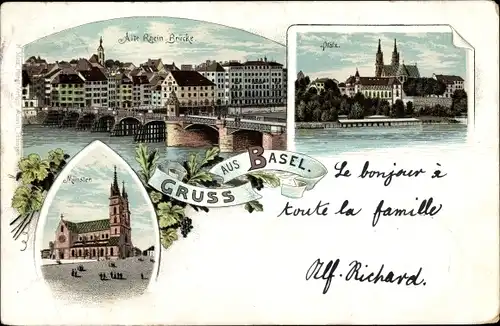 Litho Bâle Basel Stadt Schweiz, Rheinbrücke, Missionshaus, Münster